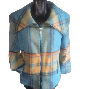 Madison Hill Plaid Blue and Yellow Wide Collar Wool Blend Jacket M